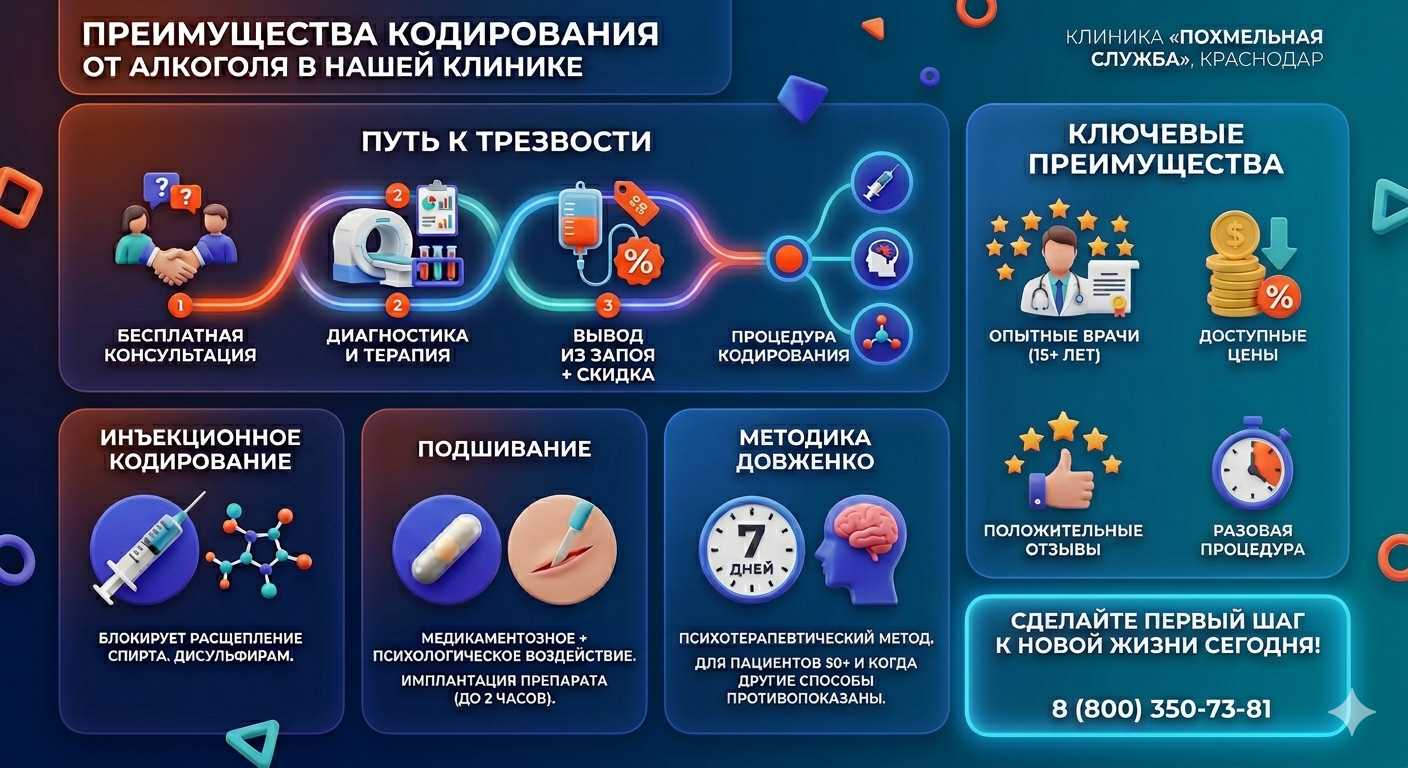 Инфографика о методах кодирования от алкоголя в Павловской: инъекции, подшивание, метод Довженко. Преимущества клиники и этапы лечения.