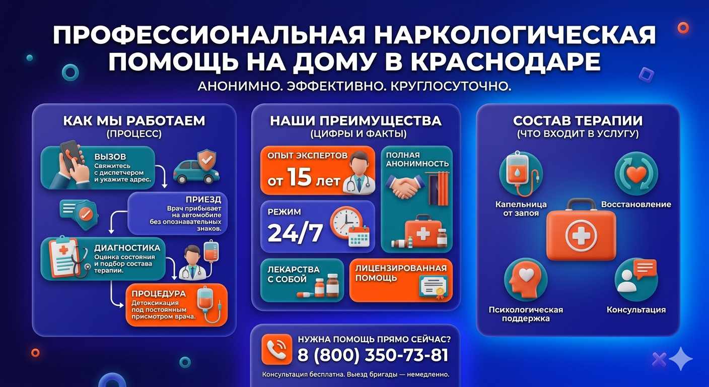 Инфографика о принципах лечения алкоголизма на дому в Павловской: этапы вызова нарколога, преимущества анонимной детоксикации и состав медицинской помощи.
